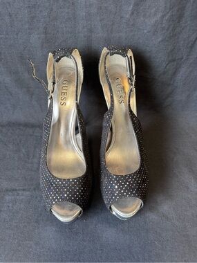 GUESS Black Peep-Toe Slingback Heels with Multicolor Sparkle